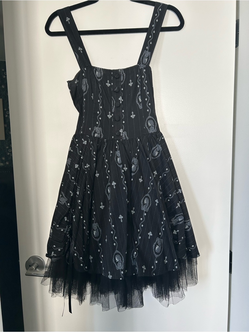 Spin Doctor - Black Gothic Printed Sundress with Bustle and Tulle Ruffles - Sz S